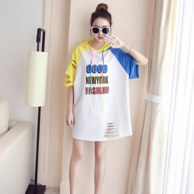 

Summer Long Cotton Female T-shirt Women Half Sleeve Hooded Letter Printed Loose t shirt women shirt Plus Size Tops
