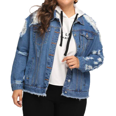 

Toponeto Womens Casual Hole Coat Long Sleeve Pocket Button Denim Jacket Coat Outcoat