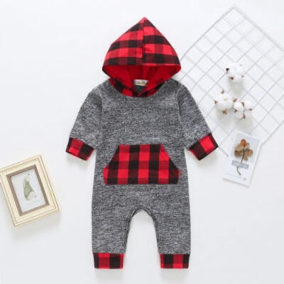 

Toddler Kids Baby Girl Boys Long Sleeve Plaid Hoodie Romper Bodysuit Christmas Clothes with Hat