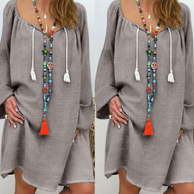 

Womens Boho Baggy Loose Linen Cotton V-Neck Kaftan Midi Dress Beach Long T-Shirt Mini Sundress Plus Size