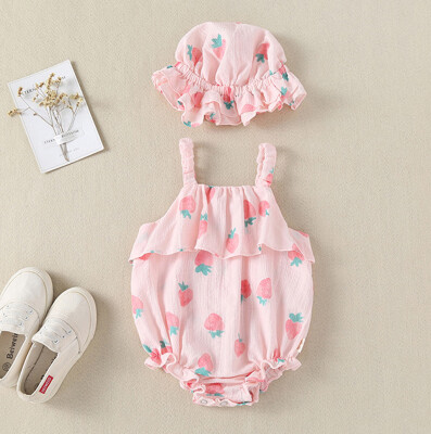 

Newborn Infant Baby Girls Straps Strawberry Print Romper Sunsuit Hat Bodysuit