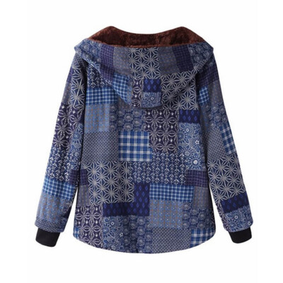 

Toponeto Women Winter Loose Cotton Warm Printed Pockets Thicker Hasp Hooded Coat Outwear