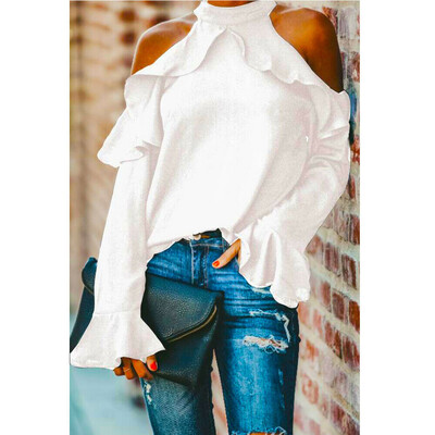 

Women High Neck Cold Shoulder Long Sleeves Ladies Pullover Jumper Tops Blouse