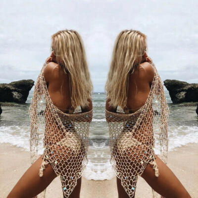 

UK Sexy Womens Sequin Fishnet Crochet Mesh Bikini Cover Up Swimwear Beach Dress