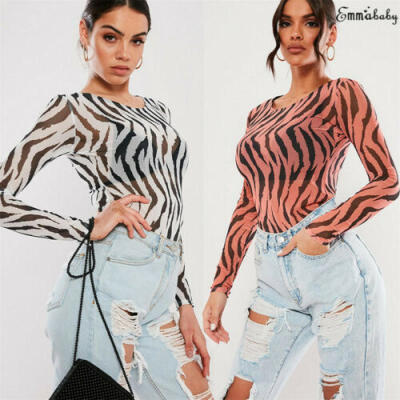 

Summer Women Sexy Long Sleeve Transparent Sheer Zebra Print Tops Stretch T-Shirt