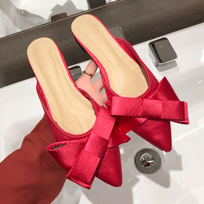 

In summer lazy people with low heels&flat soles wear fashion Korean bow sweet pointed head half slippers&womens shoes