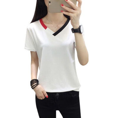 

Female Summer Loose T-shirt Solid V-neck Top Women Fashion T-shirt