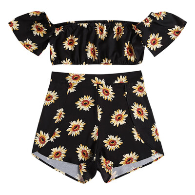 

Off The Shoulder Short Sleeve Floral Print Crop Top Slit Zipper Shorts Women Two-piece Set