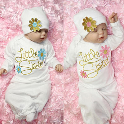

Little Sister Printed Baby Girl Long Sleeve Coming Home outfit Baby Gown Hat Gift Set
