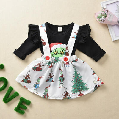 

Christmas Toddler Kids Baby Girl White Suspender Skirt Black Cartoon Long Sleeve Frog Print T-Shirts Clothes 2 Piece Set
