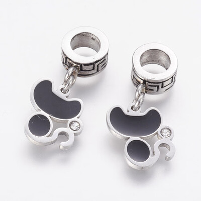 

304 Stainless Steel European Dangle Beads Large Hole Pendants with Rhinestone&Enamel Cat Antique Silver 245mm
