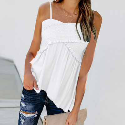 

Starmoon Women Fashion Sexy Solid Sleeveless Slash Neck Loose Ruched Blouse Tops