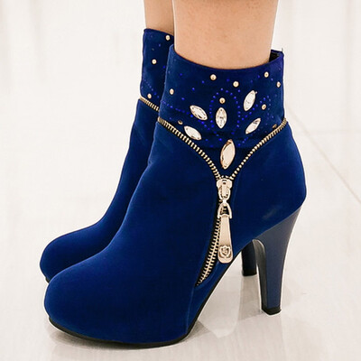 

Rose Womens Crystal Solid Zip Round Ankle Boots Platform Toe High Heels Casual Shoes