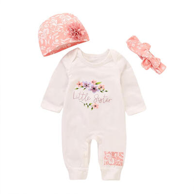 

3pcsset Cute Baby Girl Floral Print Romper Cap Hairband Casual Kid Clothes