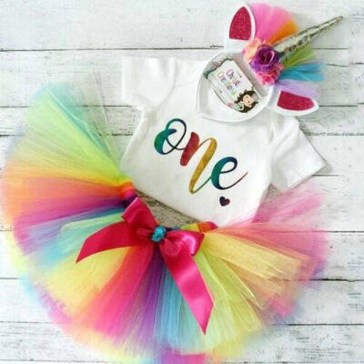 

Newborn Baby Girl My 1st Birthday Rainbow Romper Tutu Tulle Skirt Outfit Clothes