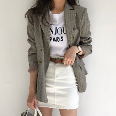 

Roseonmyhand Women Elegant Style Coat Plaid Printed Turn Down Collar Brief Coat Outwear