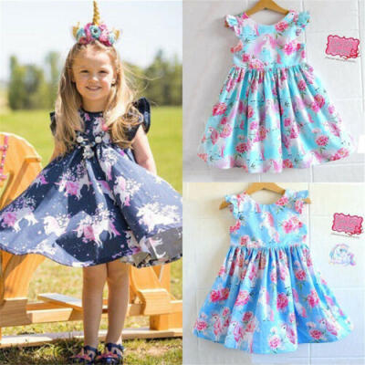 

Kids Baby Girls Unicorn Cartoon Floral Party Pageant Tutu Dress Sundress Clothes