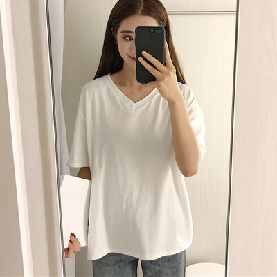 

Women Summer Solid V-Neck T-shirt Female Casual Short Sleeve Basic Tees Ladies Loose Tops Plus Size Feminina Tshirt