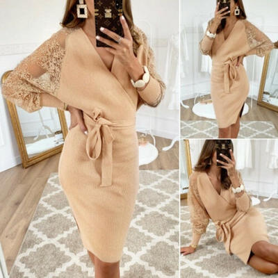 

Women Bodycon V Neck Knit Tie Front Dress Ladies Party Evening Mini dress