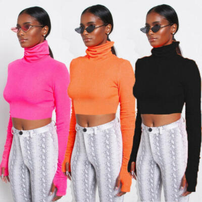 

Womens Knit Ribbed Long Sleeve Stretch Short Turtle Neck T-Shirt Ladies Crop Top