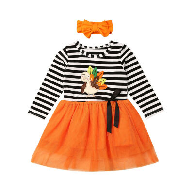 

2PCS Kids Girls Pumpkin Strip Long Sleeve Top DressHeadband Party Tutu Dress