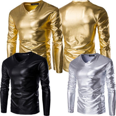 

Mens Metallic Shiny Wet Look Long Sleeve Gym T-shirt Top Blouse Slim Fit V Neck Sport wear -3XL