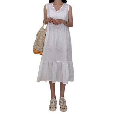 

Women Summer Fashion Concise Casual All-match Solid Color Loose Sleeveless Dresses