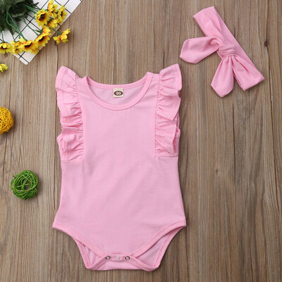 

Infant Baby Kid Newborn Solid Ruffle Romper Headband Bodysuit Sunsuit Outfits