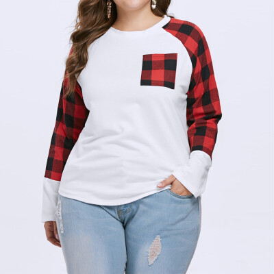 

Nomeni Women Casual Plus Size Long Sleeve O Neck Plaid Pockets T Shirt Top Blouse