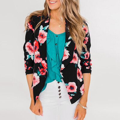 

Roseonmyhand Women Elegant Style Coat Floral Printed Turn Down Collar Brief Coat Outwear