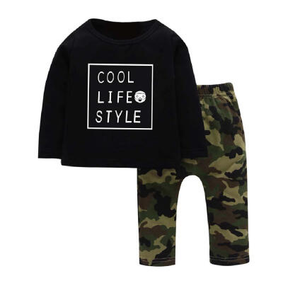 

2pcsset Baby Boys Letter Print Long Sleeve Tops Camo Pants Kids Clothes