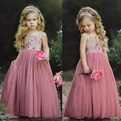 

USA Long Princess Girls Dress Flower Solid Baby Lace Party Gown Formal Dresses