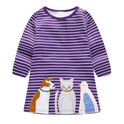 

Girls Kids Long Sleeve Stripe Dress Cartoon Animals Cotton O-Neck Vestidos