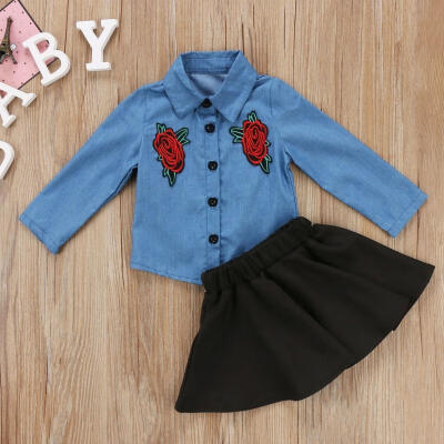 

1-6Y Kids Baby Girls Denim ShirtSkirt Tutu Dress Embroidery Outfits Clothes Set