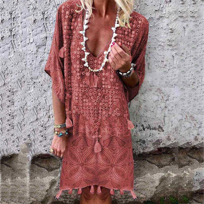 

Fasion Women Boho Cotton Linen Maxi Dress Bat Sleeve Casual Kaftan Tunic Plus Size