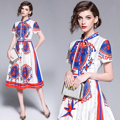 

DFYOP New Style Womens Red Star Ribbon Slim Age Reduction Retro Printed Dress