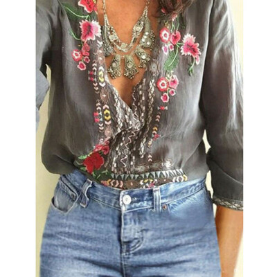 

Women T-Shirt Embroidered Flowers Tee Deep V-Neck Long Sleeve Shirts Top Blouse