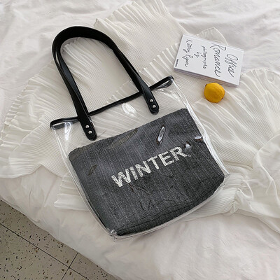 

New ins transparent big bag female 2019 new summer fashion letter tide wild woven single shoulder mother bag