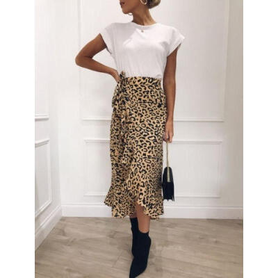 

Women Leopard Print Wrap Over Aysmmetric Loose Skirt High Waist Midi Dress