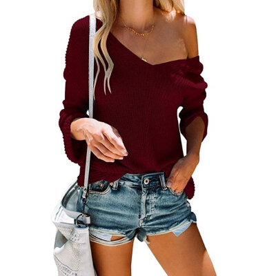 

Women Autumn Fashion Sexy Solid Color All-match Solid Color V-neck Pullover Sweater