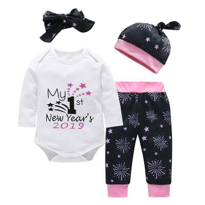 

Baby Long Sleeve Clothes Set 4pcs Letters Print Romper Pants Headband Hat