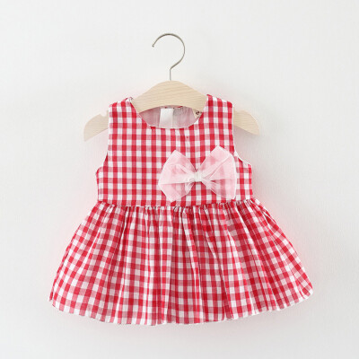 

Baby Girl Kids Casual Summer Sleeveless O-neck Bow Plaid Princess Dress