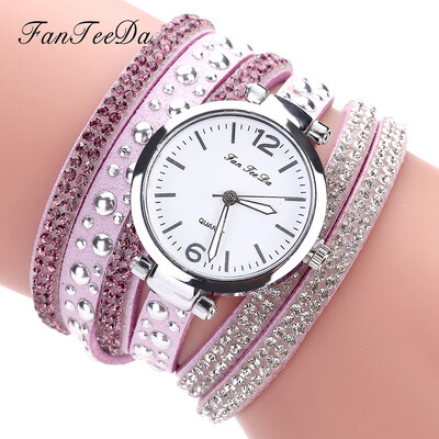 

FanTeeDa Multi Layers Women Quartz Bracelet Watch PU Leather Weave Wrap Crystal Wristwatch Jewelry Gifts 533