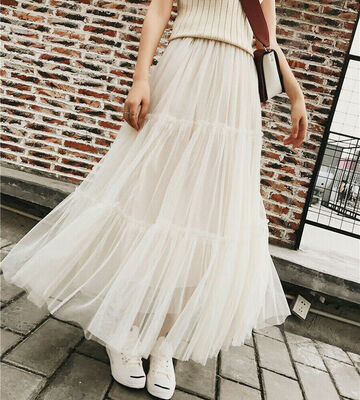 

Lady Women Elastic Mesh Tulle Pleated Dress A Line High Waist Long Maxi Skirt