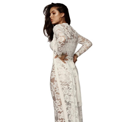 

Sexy Women Lace Three-piece Set Strapless Tank Top Sheer Wide Leg Pants Cardigan Cover-Up Solid Suits Outfits WhiteRedBlack