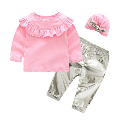 

3pcs Spring Baby Cotton Sweatshirt Pants Hat Girls Ruffle Decor Outfits