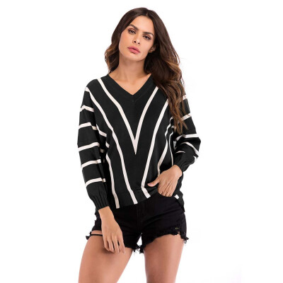 

〖Follure〗Womens V-Neck Stripe Matching Long-Sleeved Slim Sweater Pullover Sweater