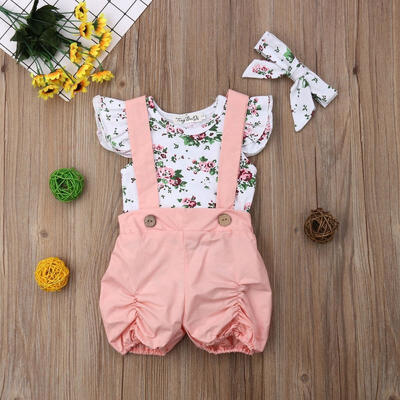 

Toddler Kid Baby Girls Flower Ruffled Sleeves Romper Tops Bib Pants Headband Outfit Set