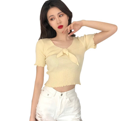 

Womens V Neck Bow Solid Short Sleeve Knitted Ruffles T-Shirt