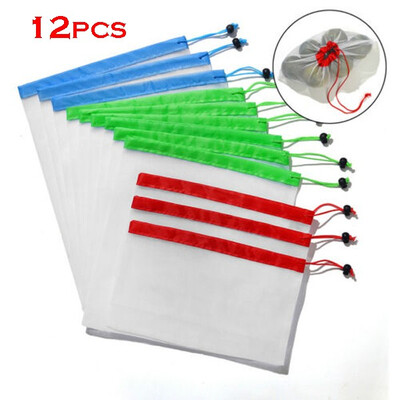 

15 Pack Reusable Produce Bags Black ROPE Mesh Vegetable Fruit Toys Storage Pouch